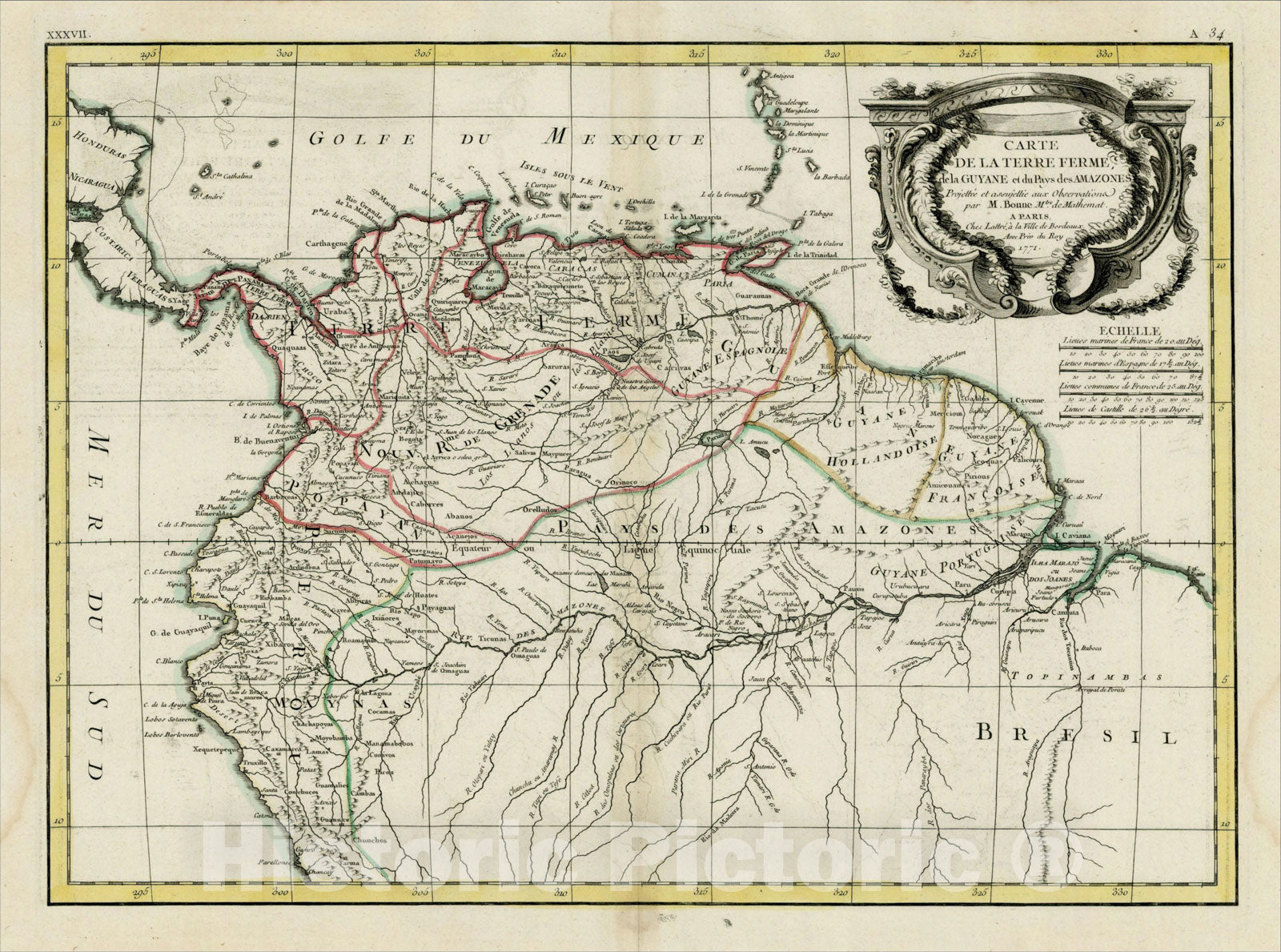 Historic Map : Carte De La Terre Ferme de la Guyane et du Pays des Amazones, 1772, 1772, Rigobert Bonne, Vintage Wall Art