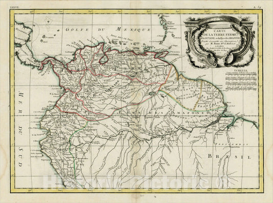 Historic Map : Carte De La Terre Ferme de la Guyane et du Pays des Amazones, 1772, 1772, Rigobert Bonne, Vintage Wall Art