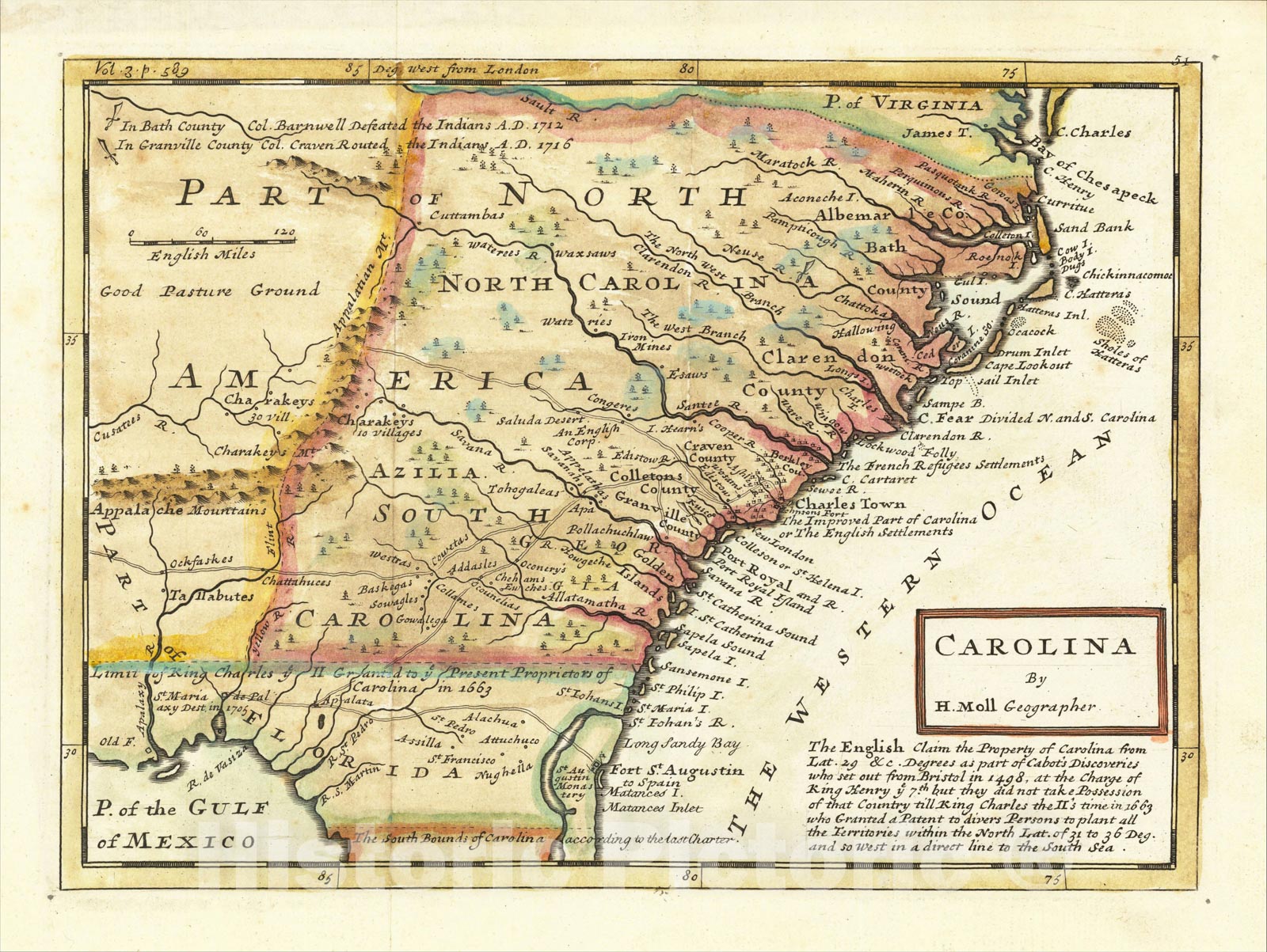 Historic Map : Carolina. By H. Moll Geographer., c1720, Herman Moll, Vintage Wall Art