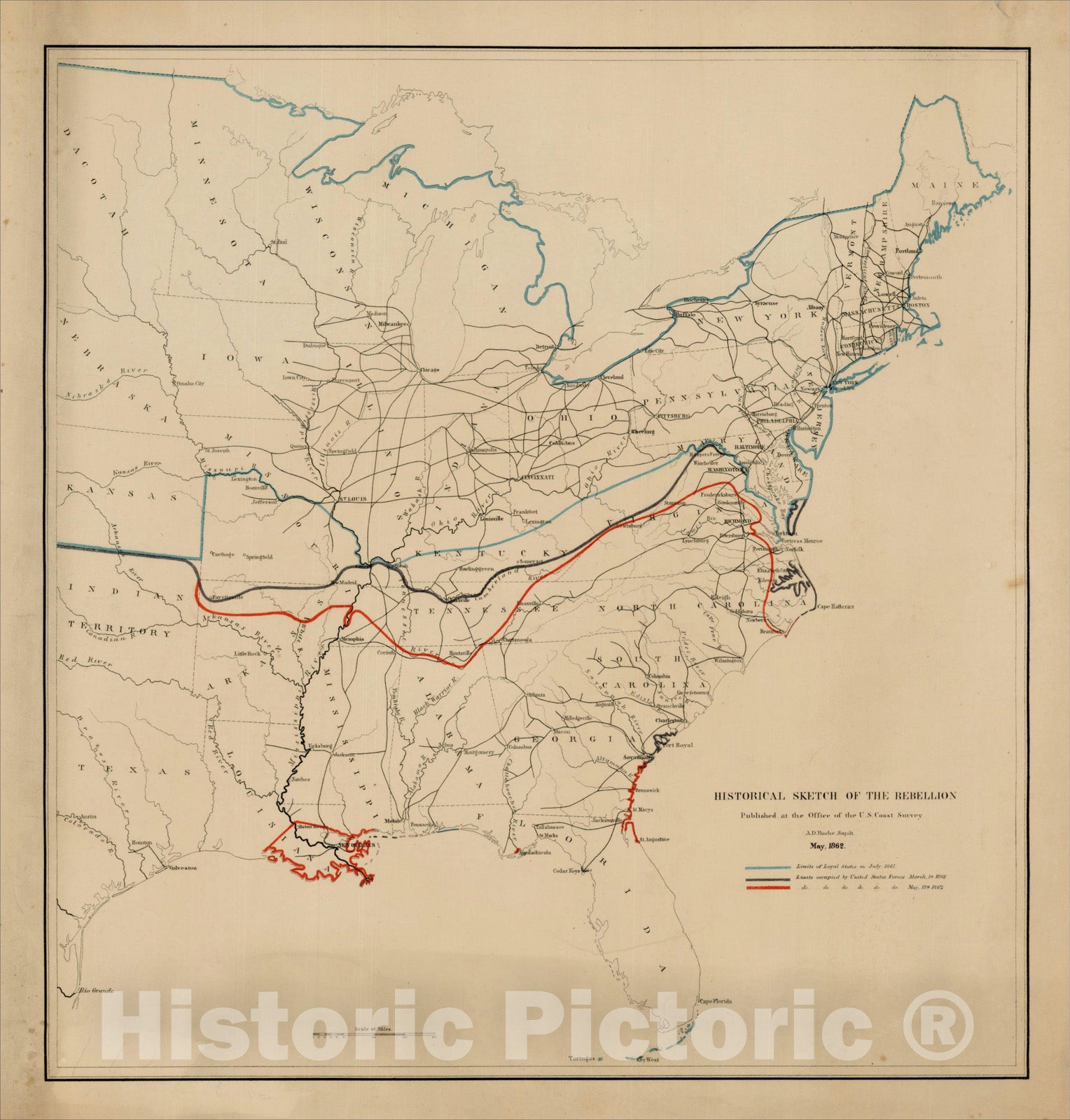 Historic Map : Historical Sketch of the Rebellion Published at the Office of the U.S. Coast Survey, 1862, 1865, , Vintage Wall Art