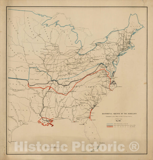 Historic Map : Historical Sketch of the Rebellion Published at the Office of the U.S. Coast Survey, 1862, 1865, , Vintage Wall Art