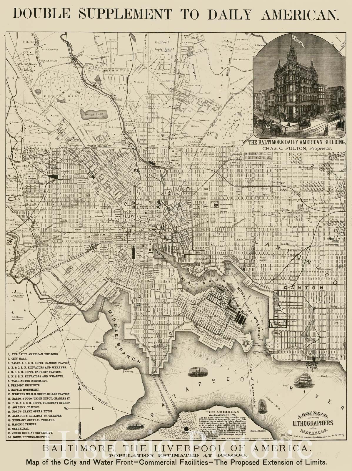 Baltimore, Maryland - City Plan and Commercial Facilities, 1872 Historical Map Print