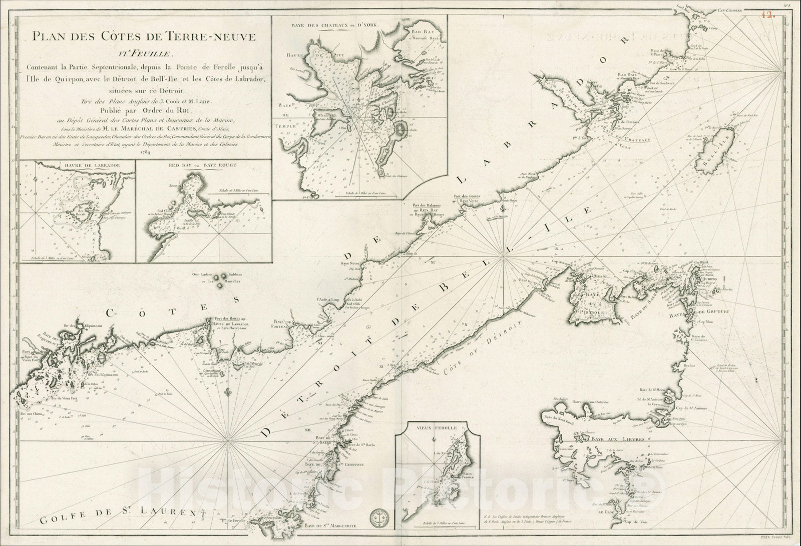 Historic Map : Plan des Cotes de Terre-Neuve, 1784, , Vintage Wall Art