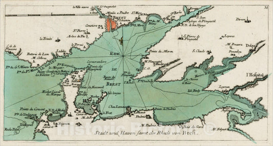 Historic Map : Stadt und Haven samt der Rhede von Brest, 1762, Christian Friedrich von der Heiden, Vintage Wall Art