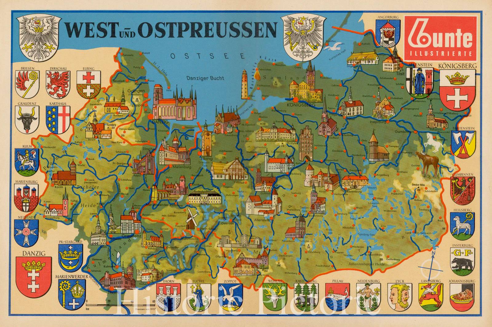 Historic Map : [Northern Poland, formerly West & East Prussia, Germany] West und OstPreussen (Pictorial Map), c1937, Bunte Illustrierte , Vintage Wall Art