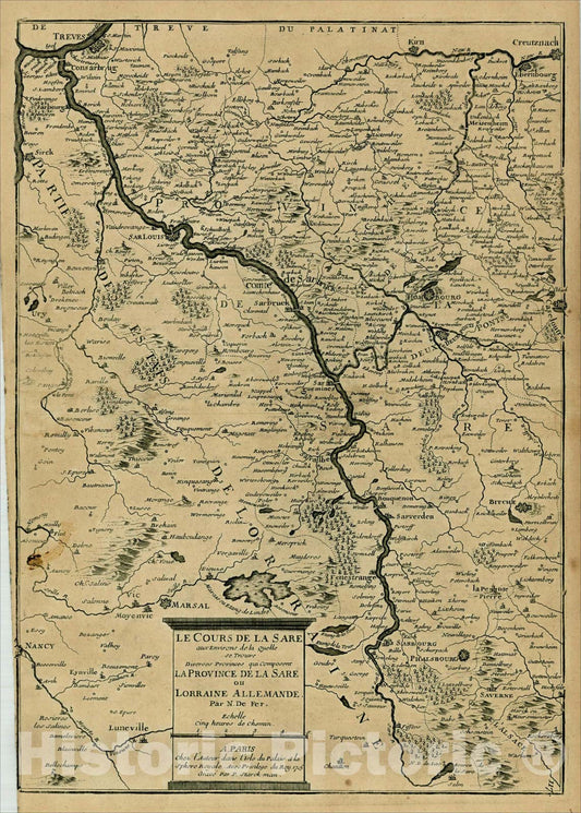 Historic Map : Le Cours de la Sare aux Environs de la Quelle se Trouve Diverses Provinces qui Composent La Province, 1715, Vintage Wall Art
