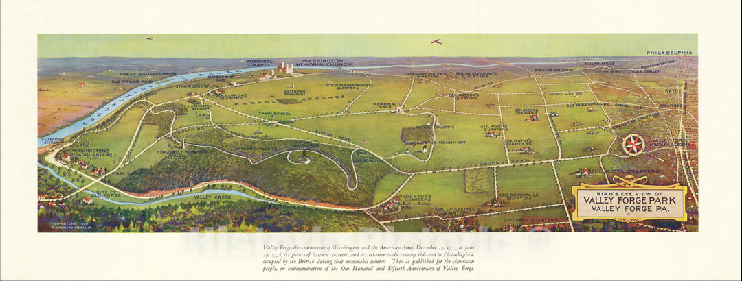 Historic Map : Bird's Eye View of Valley Forge Park, Valley Forge, PA., 1928, J. Howard Mecke, Jr., Vintage Wall Art