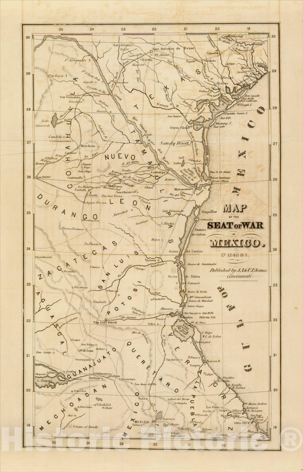 Historic Map : Map of the Seat of War In Mexico. In 1846 & 7., 1847, J.A. James & Co., Vintage Wall Art
