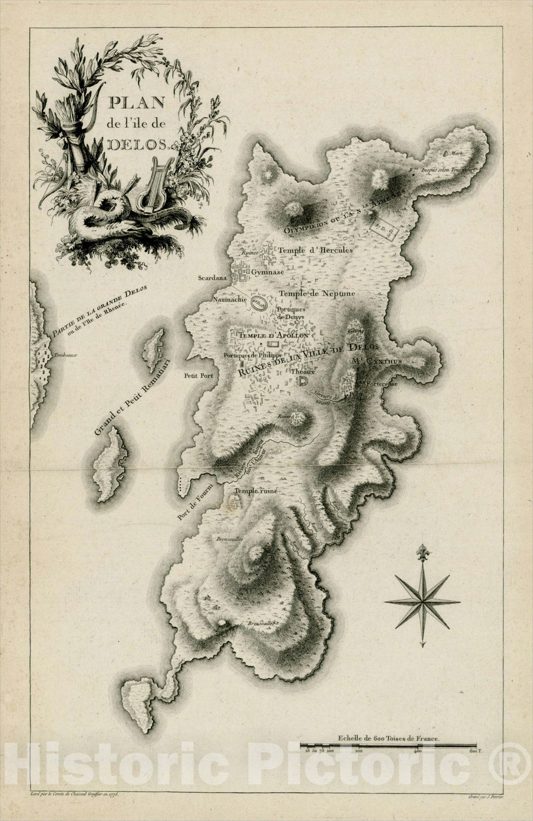 Historic Map : Plan de l'ile de Delos, 1782, Marie Gabriel Auguste Florens, Choiseul-Gouffier, Vintage Wall Art