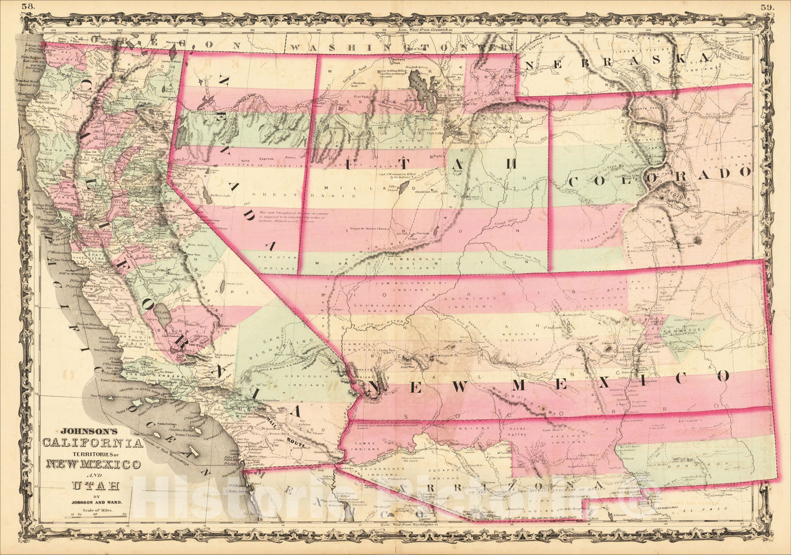 Historic Map : Johnson's California, Territories of New Mexico and Utah, 1862, Benjamin P Ward, v2, Vintage Wall Art