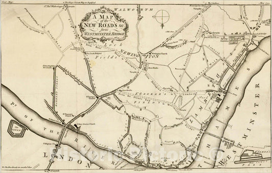 Historic Map : [London] A Map of the New Roads &c. from Westminster Bridge, 1753, Gentleman's Magazine, Vintage Wall Art