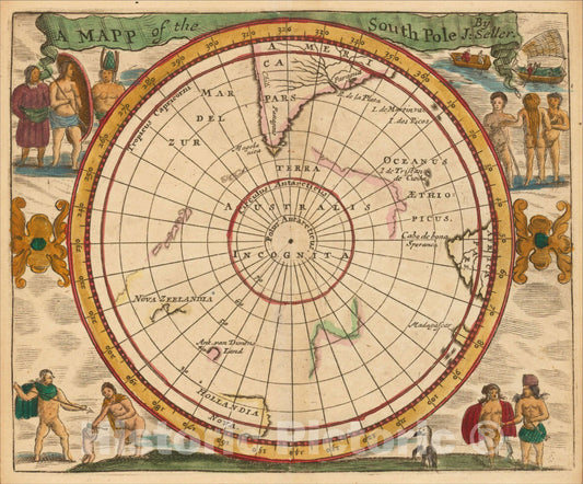 Historic Map : A Mapp of the South Pole. By J. Seller, 1684, , Vintage Wall Art
