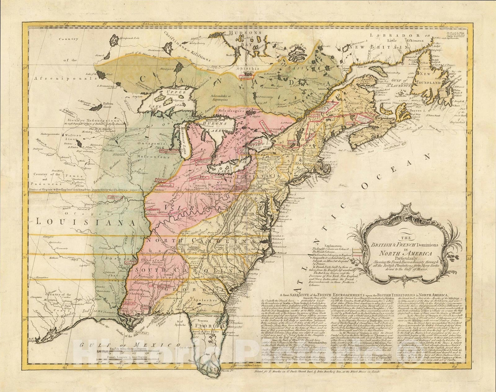 Historic Map : The British & French Dominions in North America from Nova Scotia down to the Gulf of Mexico, c1755, Thomas Bowles, Vintage Wall Art