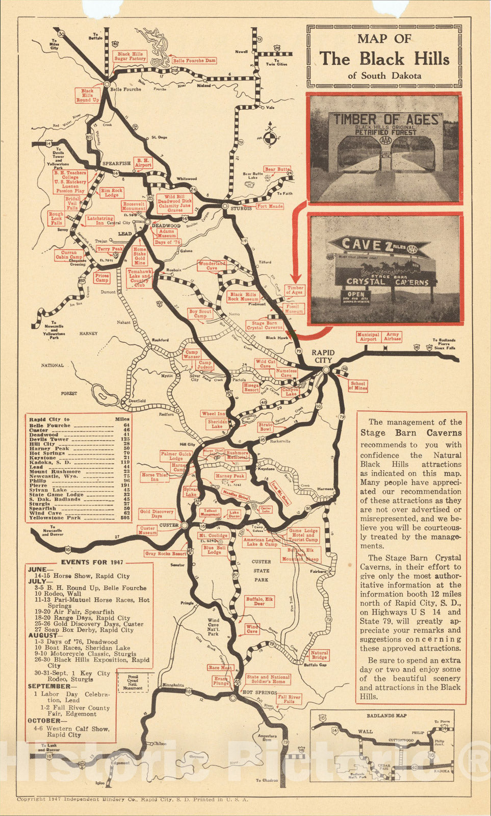 Historic Map : (Crystal Caverns) Map of The Black Hills South Dakota, 1947, Automobile Club of Southern California, Vintage Wall Art