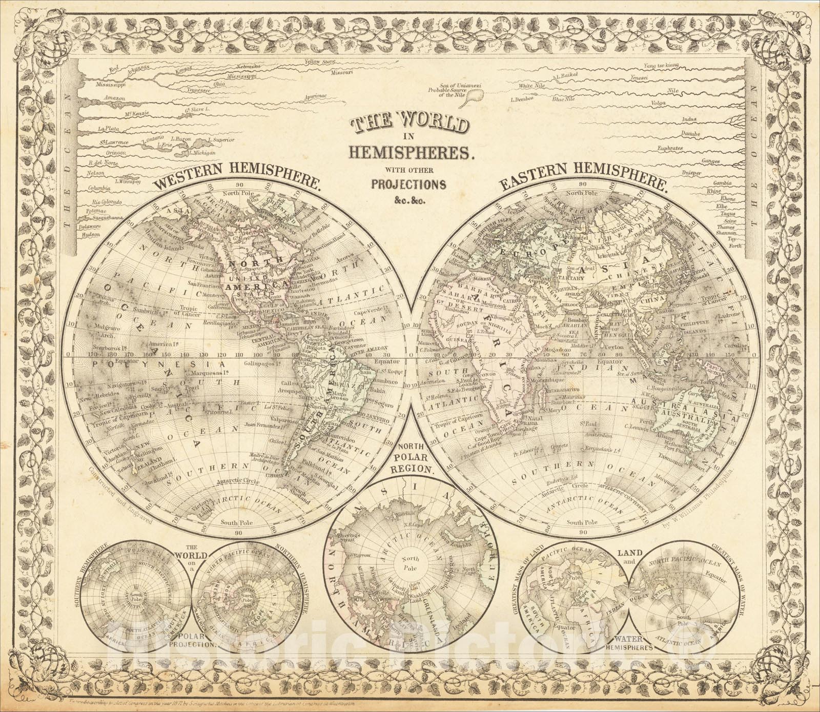 Historic Map : The World In Hemispheres. With Other Projections andc. andc., 1867, Samuel Augustus Mitchell Jr., Vintage Wall Art