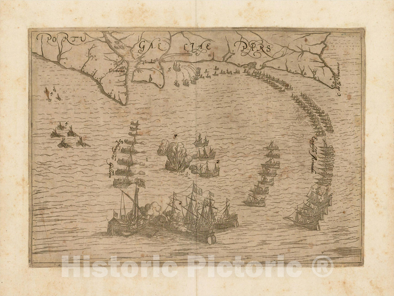 Historic Map : (Portugaliae Pars - Showing a Naval Battle between English Armada and the Spanish Galleons off the Coast of Portugal), c1600, Georg Keller, Vintage Wall Art