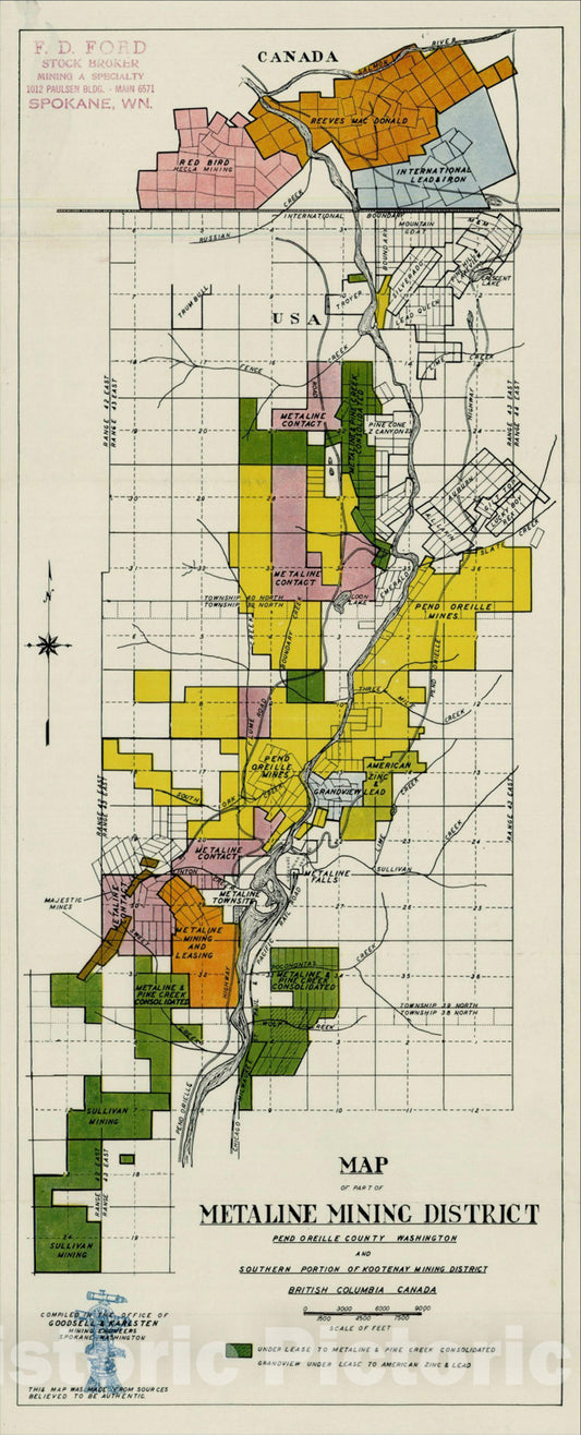 Historic Map : Map of Part of Metaline Mining District Pend Oreille County Washington, c1915, Goodsell & Karlsten, Vintage Wall Art