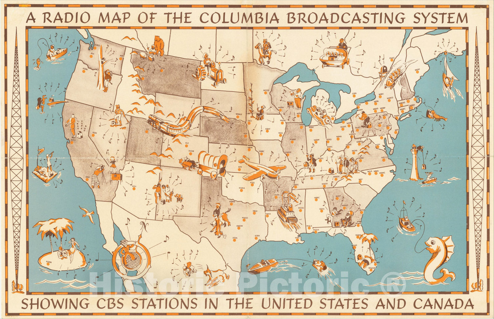 Historic Map : A Radio Map of the Columbia Broadcasting System Showing CBS Stations in the United States and Canada, 1935, C.F. Weber Co., Vintage Wall Art