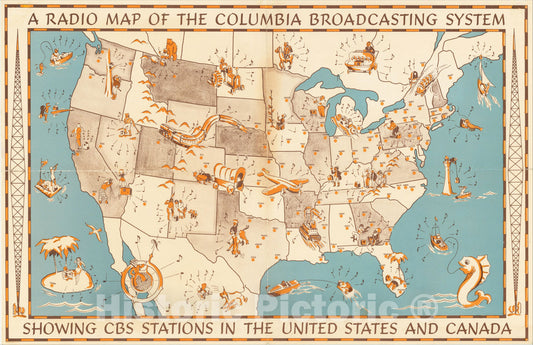Historic Map : A Radio Map of the Columbia Broadcasting System Showing CBS Stations in the United States and Canada, 1935, C.F. Weber Co., Vintage Wall Art