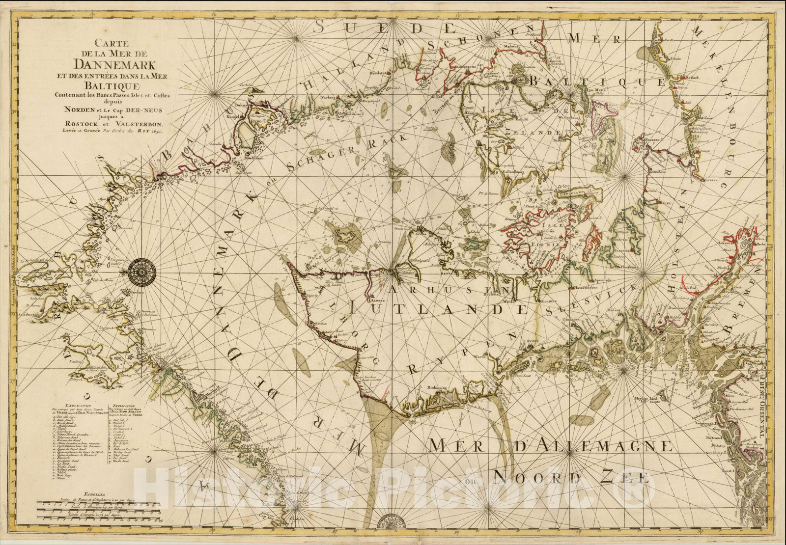 Historic Map : Carte de la Mer de Dannemark et des entrees dans la Mer Baltique Contenant les Bancs, 1693, Alexis-Hubert Jaillot, Vintage Wall Art