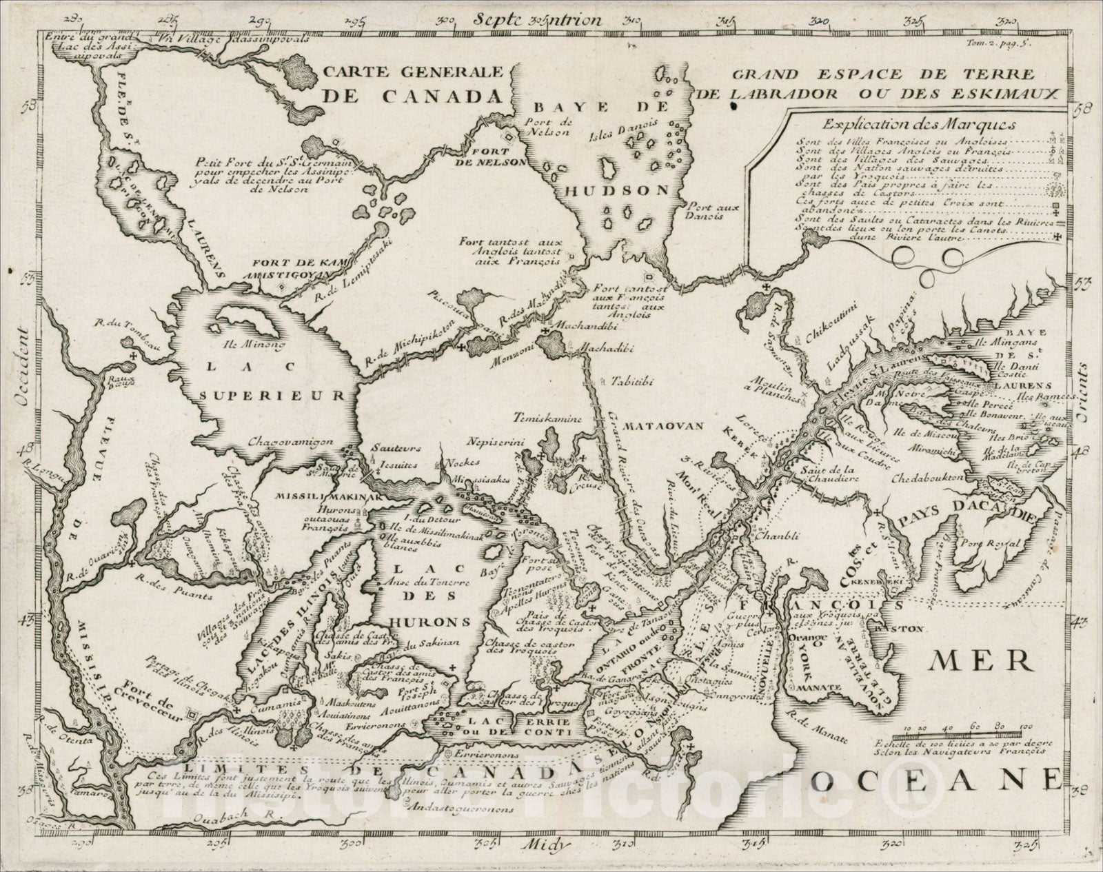 Historic Map : Carte Generale De Canada, 1703, Baron de Lahontan, v3, Vintage Wall Art