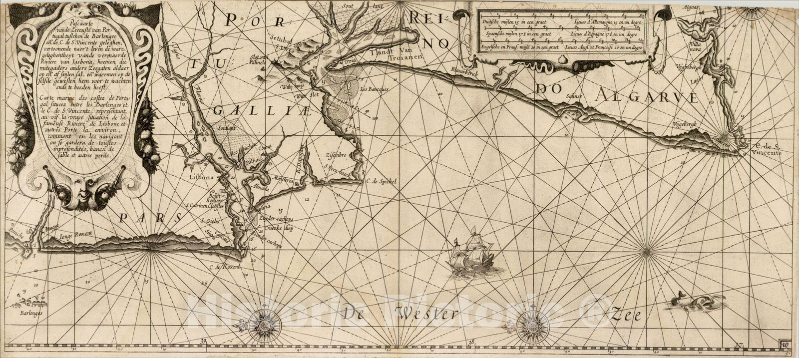 Historic Map : [Portugal] Pascaarte vande Zeecusten van Portugal tusschen de Barlenges, 1620, Jan Jansson, Vintage Wall Art