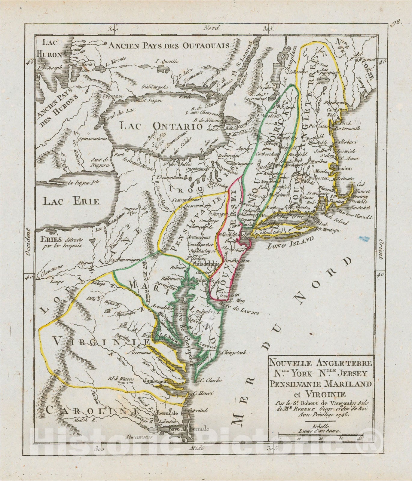Historic Map : Nouvelle Angleterre Nlle. York, Nlle Jersey, Pensilvanie Mariland et Virginie, 1748, 1748, Gilles Robert de Vaugondy, Vintage Wall Art