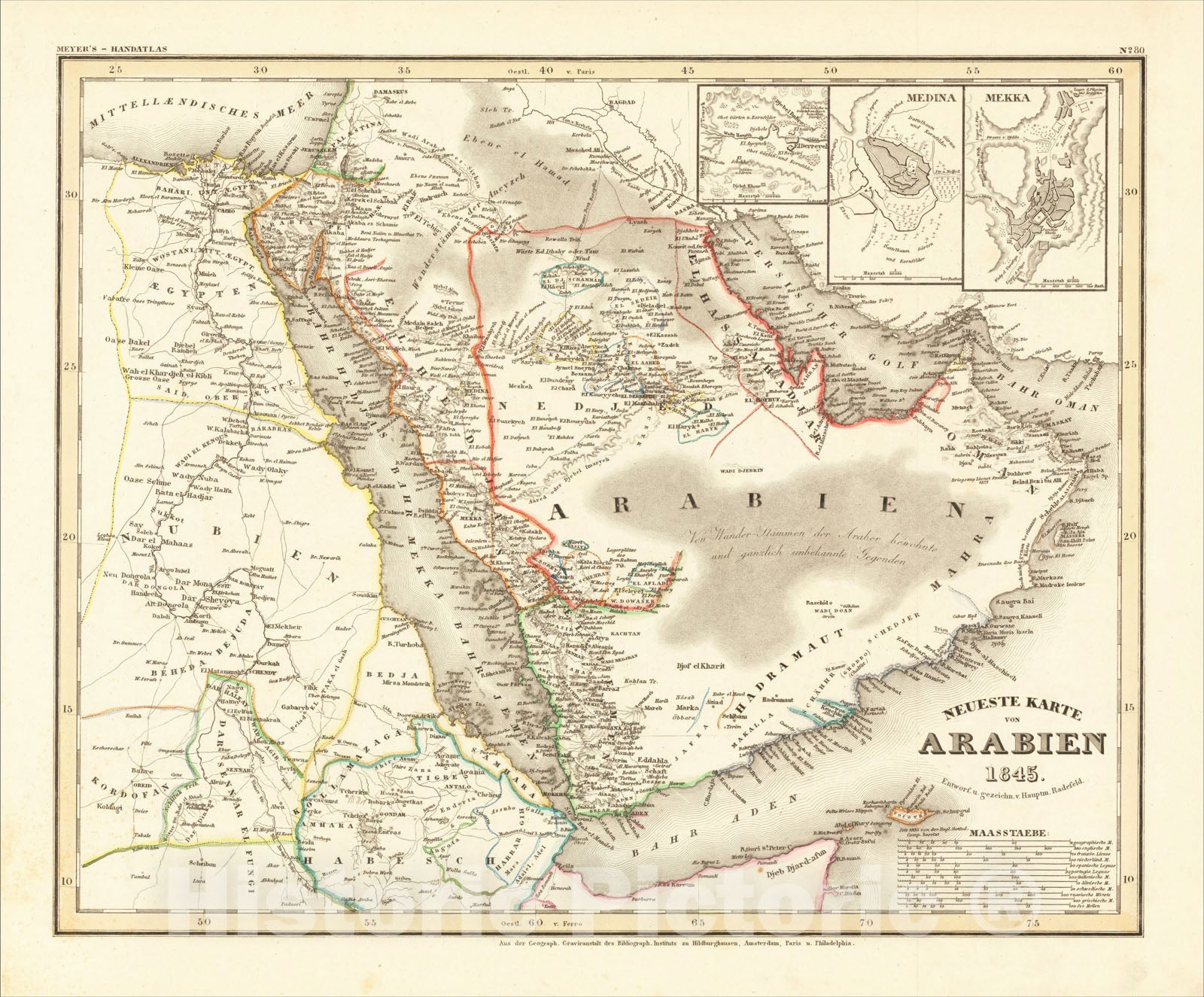 Historic Map : Neueste Karte von Arabien 1845, 1845, Joseph Meyer, Vintage Wall Art