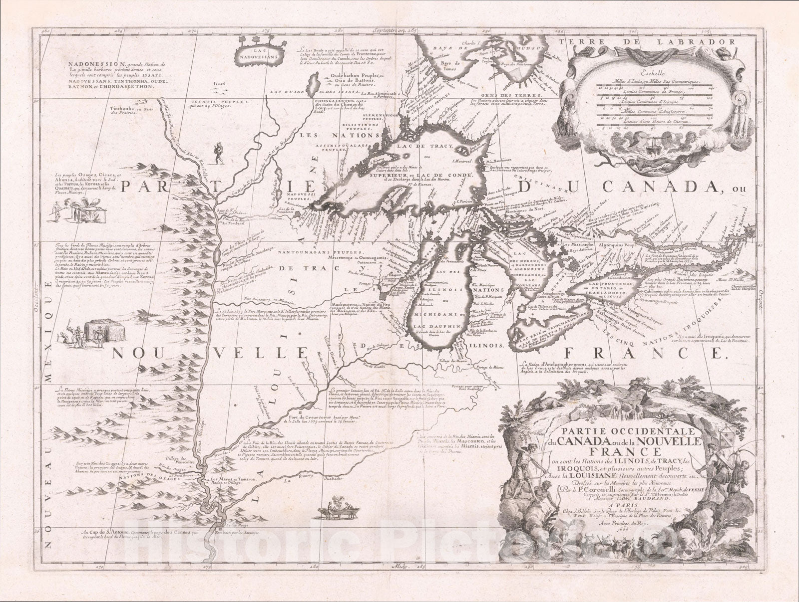 Historic Map : Partie Occidentale du Canada ou de la Nouvelle France ou sont les Nations des Ilinois, de Tracy, les Iroquois, 1690, Vincenzo Maria Coronelli, Vintage Wall Art