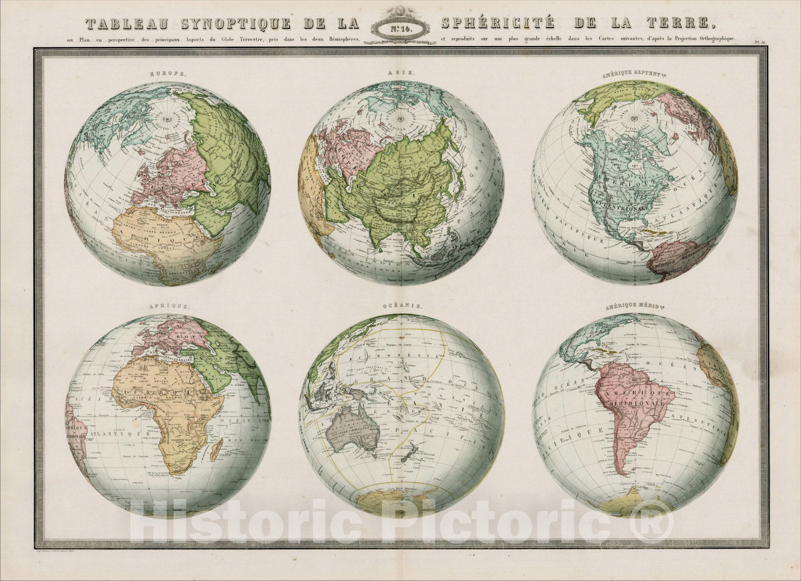 Historic Map : Tableau Synoptique De La Sphericite De La Terre ou Plan en perspectie des principaux Aspects du Globe Terrestre, 1860, F.A. Garnier, Vintage Wall Art