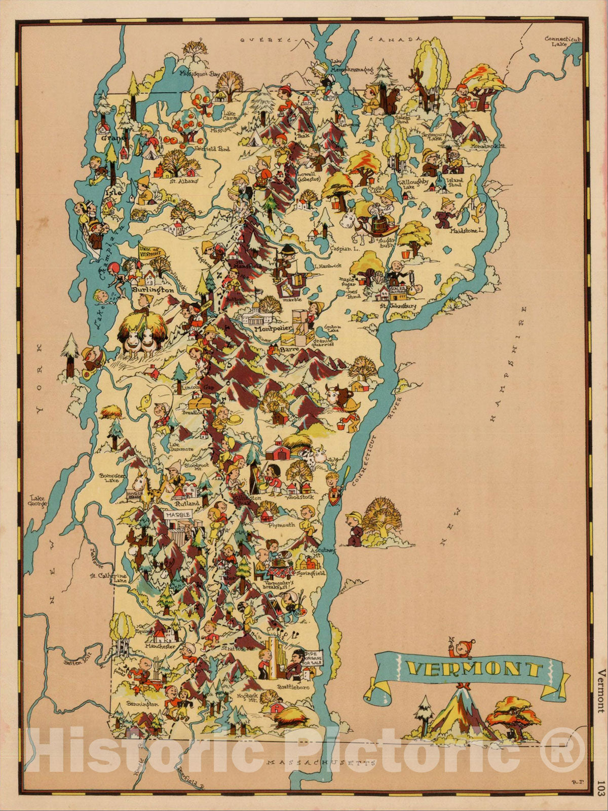 Historic Map : Vermont, 1935, Ruth Taylor White, v2, Vintage Wall Art