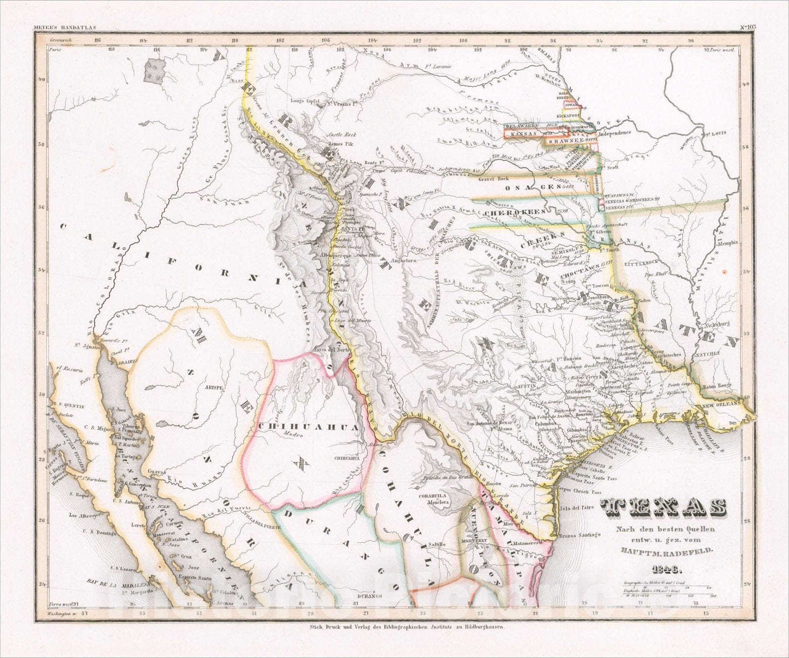Historic Map : (Republic of Texas) Texas Nach den besten Quellen entw. U. Gez. Vom Hauptm. Radefeld. 1846., 1846, Joseph Meyer, v2, Vintage Wall Art