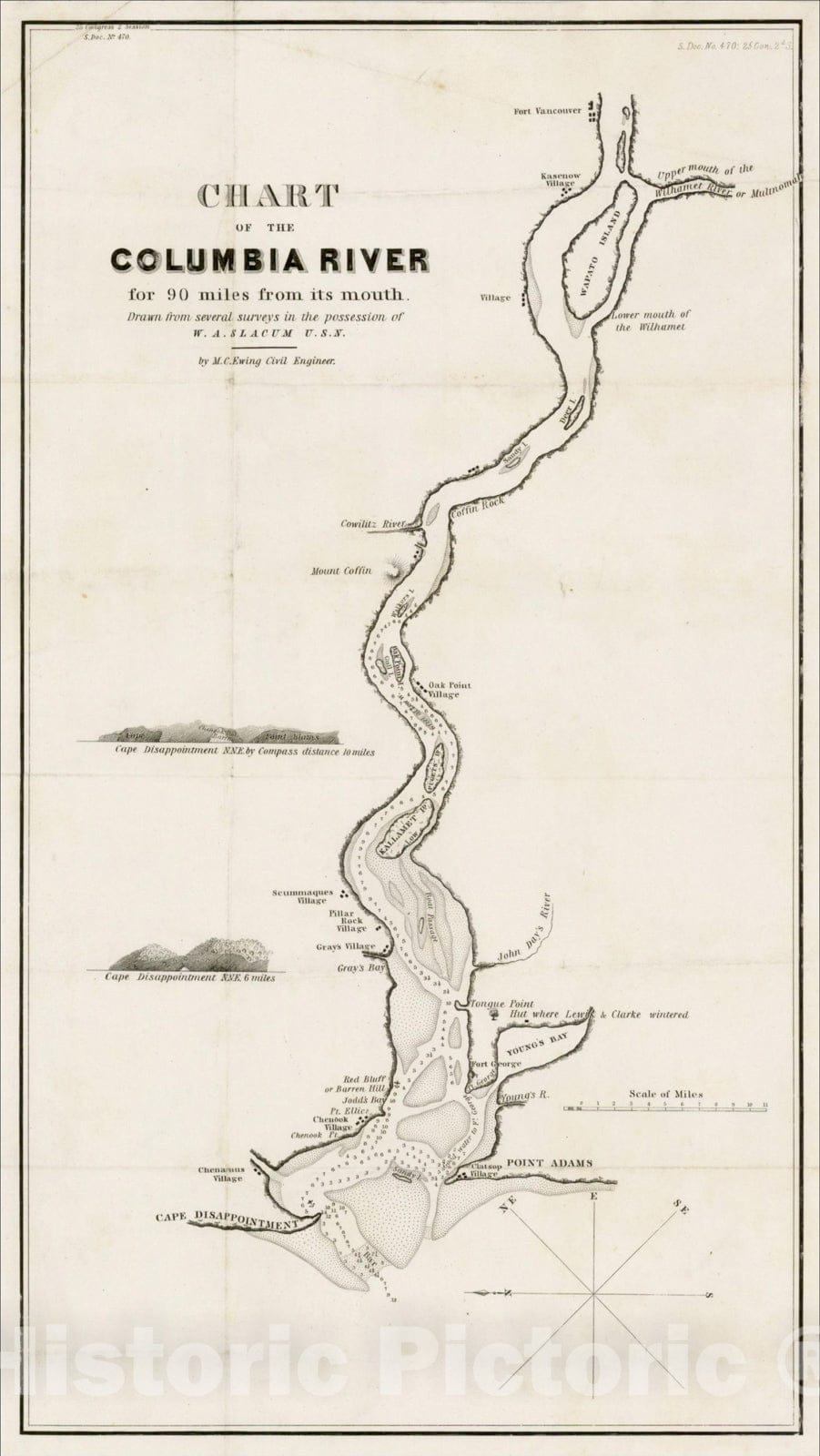 Historic Map : Chart of the Columbia River for 9 miles from its mouth, 1835, W.A. Slocum, v2, Vintage Wall Art