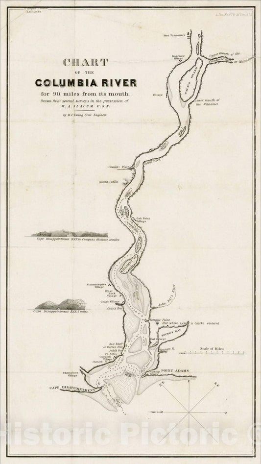 Historic Map : Chart of the Columbia River for 9 miles from its mouth, 1835, W.A. Slocum, v2, Vintage Wall Art