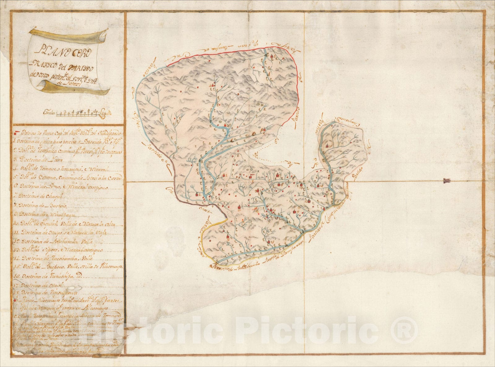 Historic Map : Plano Corografyco del Partydo de Porco, perten/te. al govi/no e ynt/a de Potosi, c1794, , Vintage Wall Art