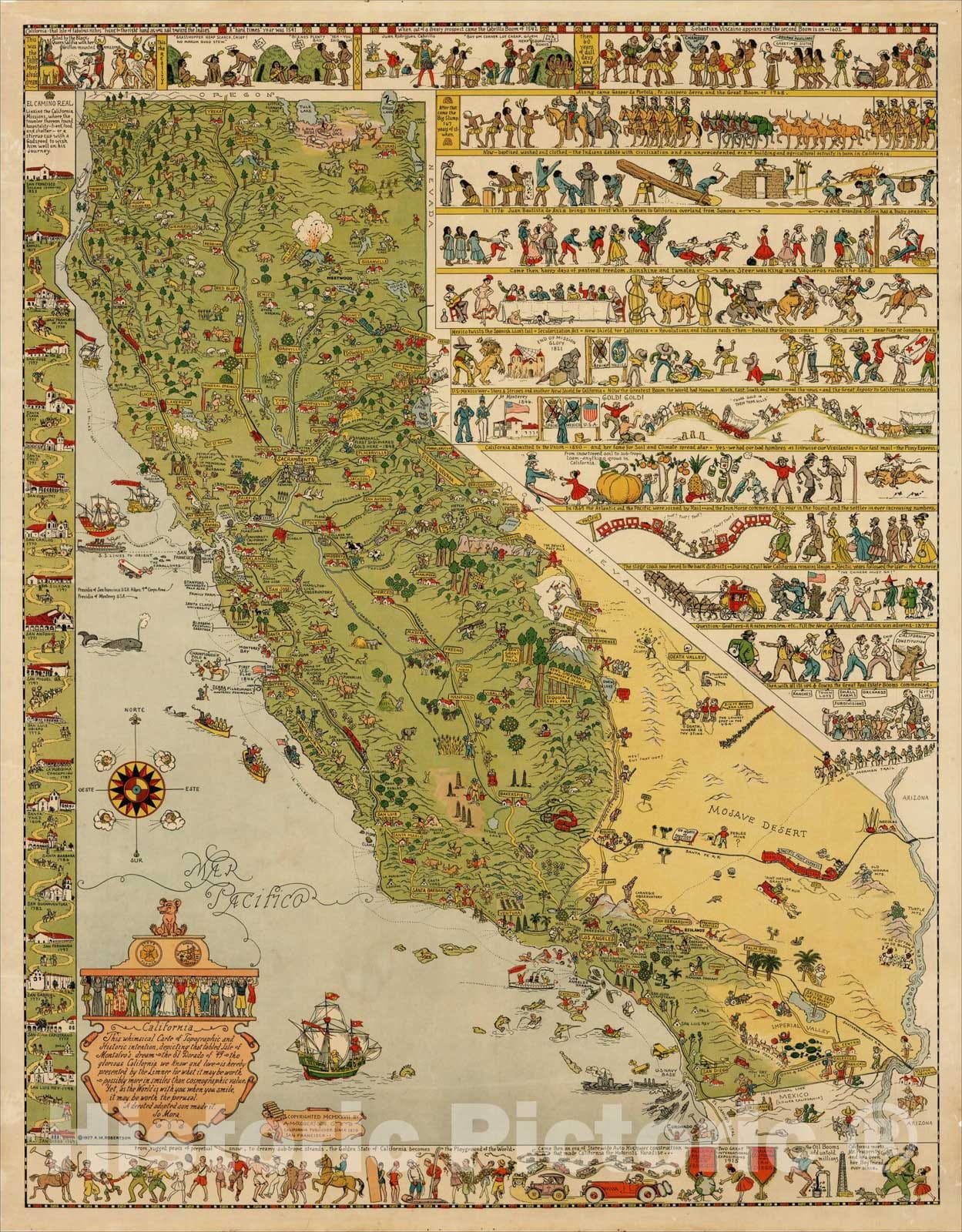 Historic Map : California. Carte of Topographic depicting that fabled Isle of Montalvo's dream the El Dorado of '49 the glorious California, 1927, Vintage Wall Art