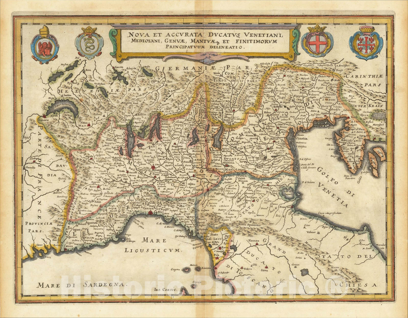 Historic Map : Nova et Accurata Ducatus Venetiani, Mediolani, Genuae, Mantuae que et Finitimorum Principatuum Delineatio, c1638, Matthaus Merian, Vintage Wall Art