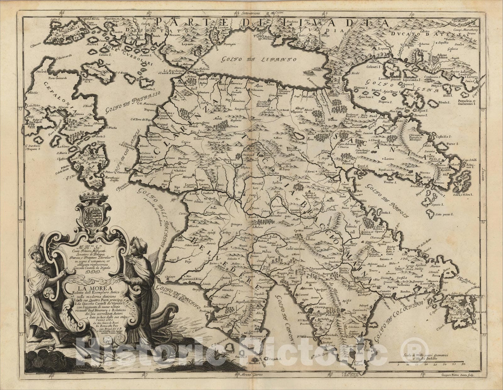 Historic Map : La Morea Ridotta dall Esemplare Antico nella moderna divisone sue Quatto Parti principali, 1685, 1686, , Vintage Wall Art