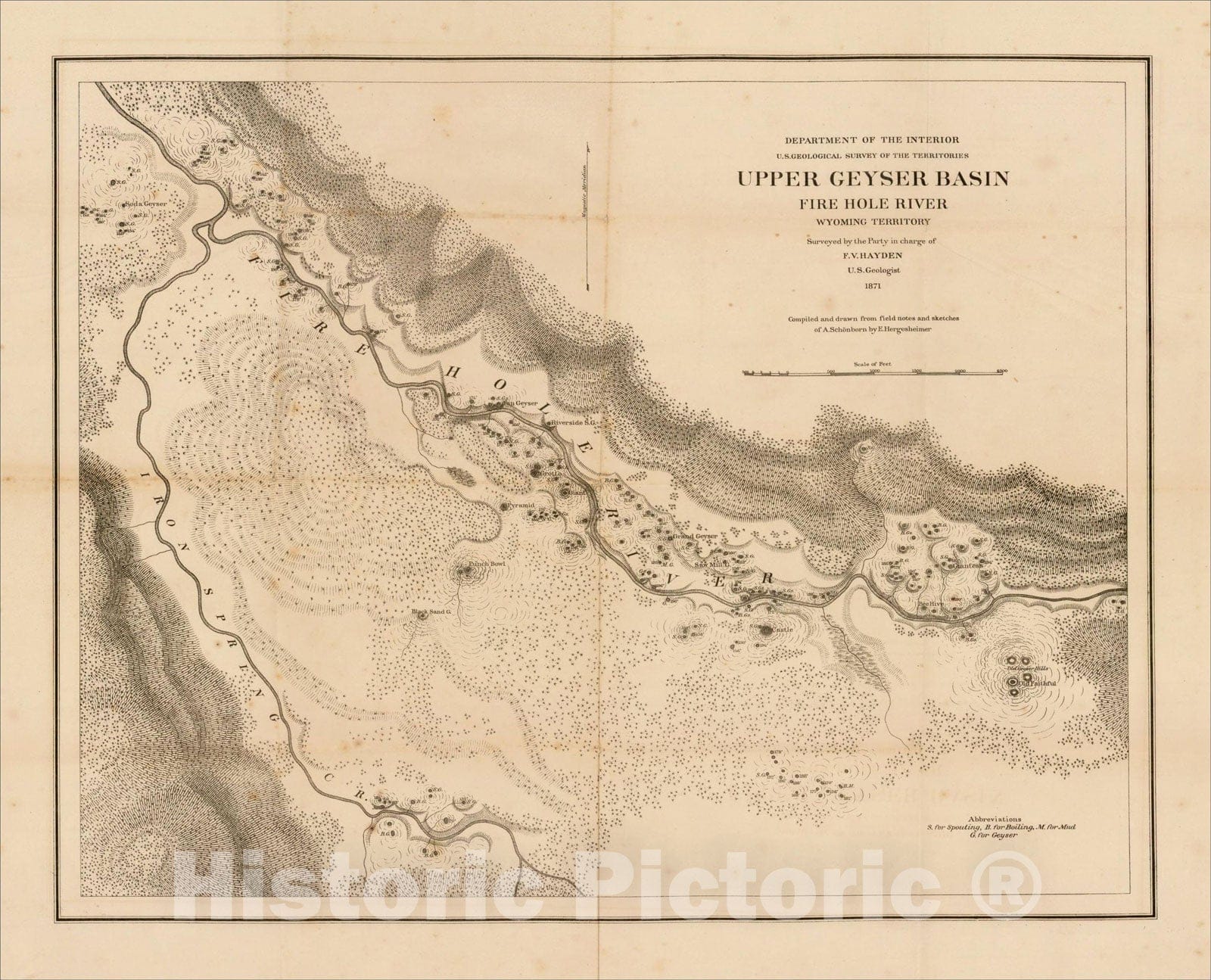 Historic Map : Upper Geyser Basin Fire Hole River Wyoming Territory Surveyed by the Party in chart of F.V. Hayden U.S. Geologist 1871., 1871, Vintage Wall Art