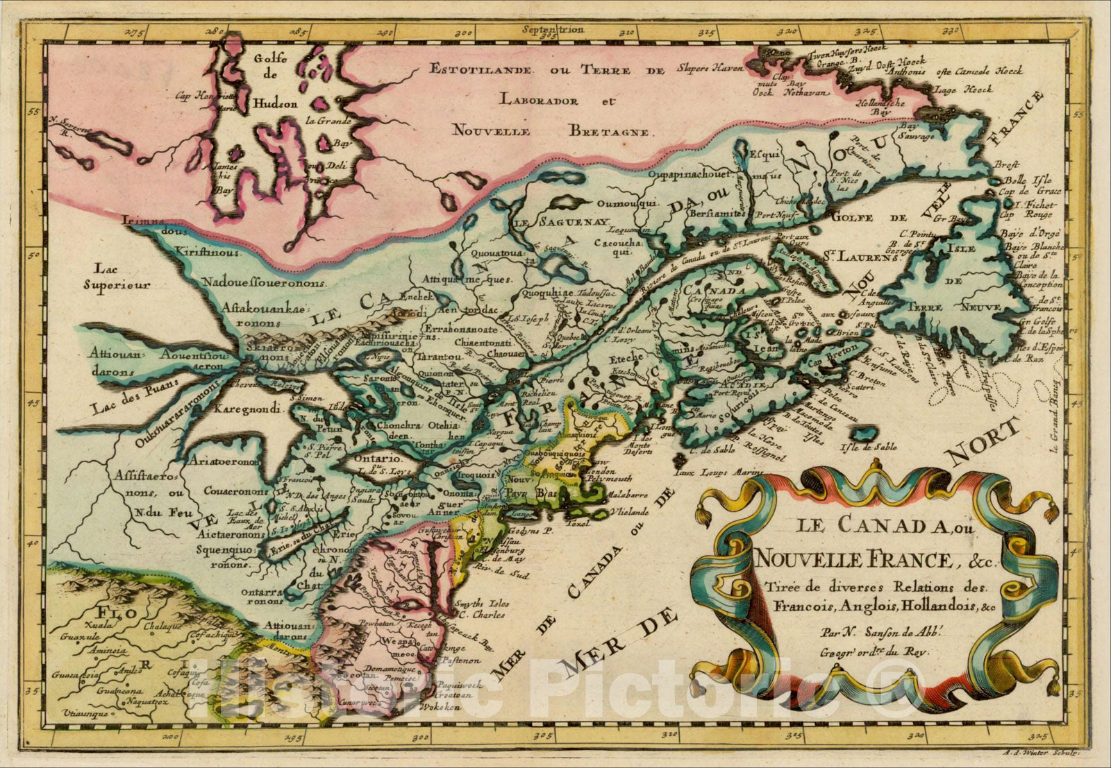 Historic Map : Le Canada ou Nouvelle France &c. Tiree de diverses Relations des Francois, Anglois, Hollandois &c., 1657, Nicolas Sanson, v3, Vintage Wall Art