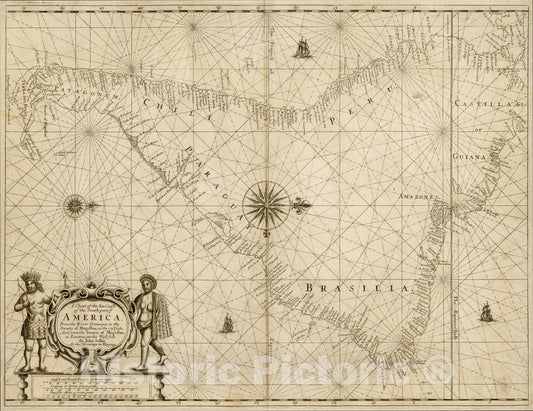 Historic Map : A Chart of the Sea Coasts of the South part of America, c1675, John Seller, Vintage Wall Art