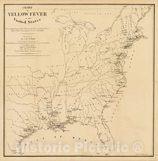 Historic Map : Chart of Yellow Fever in United States Giving Elevations above Sea-Level of Localities where Yellow Fever, 1874, , Vintage Wall Art