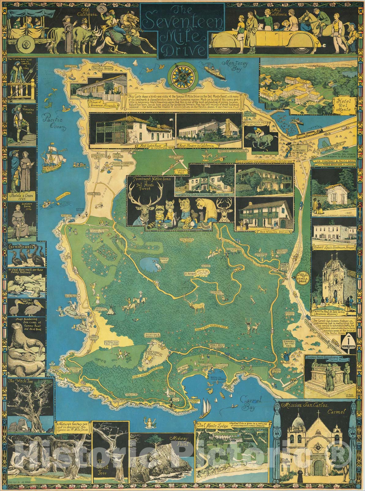 Historic Map : The Seventeen Mile Drive, 1927, Jo Mora, Vintage Wall Art