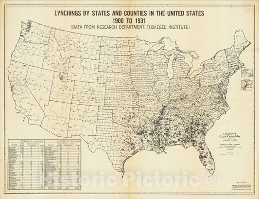 Historic Map : Lynchings By States and Counties in the United States 19 to 1931 (Data From Research Department, Tuskegee Institute), c1931, Vintage Wall Art