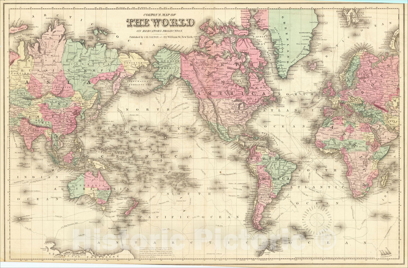 Historic Map : Colton's Map of the World on Mercator's Projection, 1857, Joseph Hutchins Colton, Vintage Wall Art