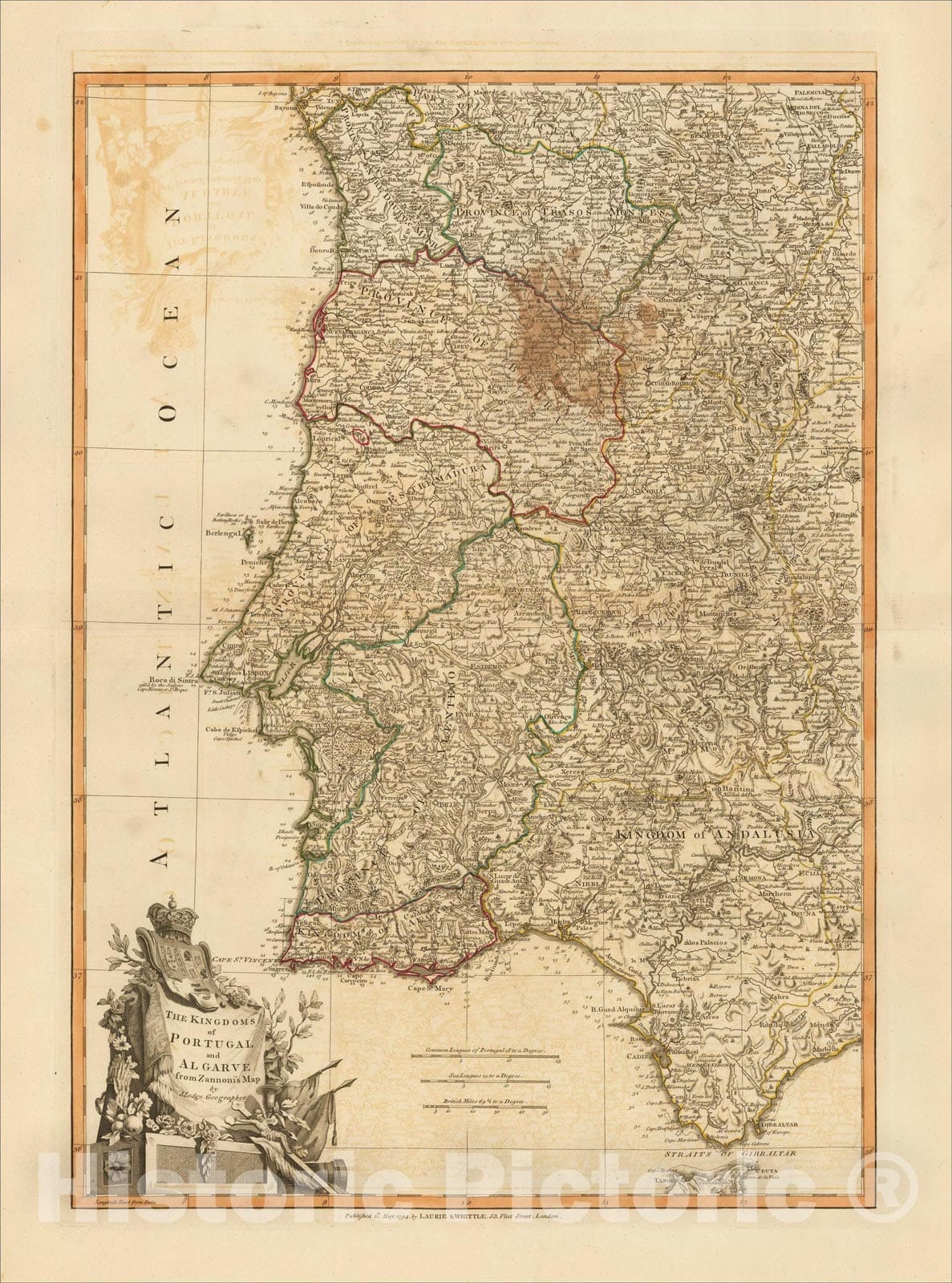 Historic Map : The Kingdoms of Portugal and Algarve from Zannoni's Map, 1794, Laurie & Whittle, Vintage Wall Art