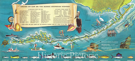 Florida Keys to Key West Scenic Highway Map, 1960 circa - Historical Map Print