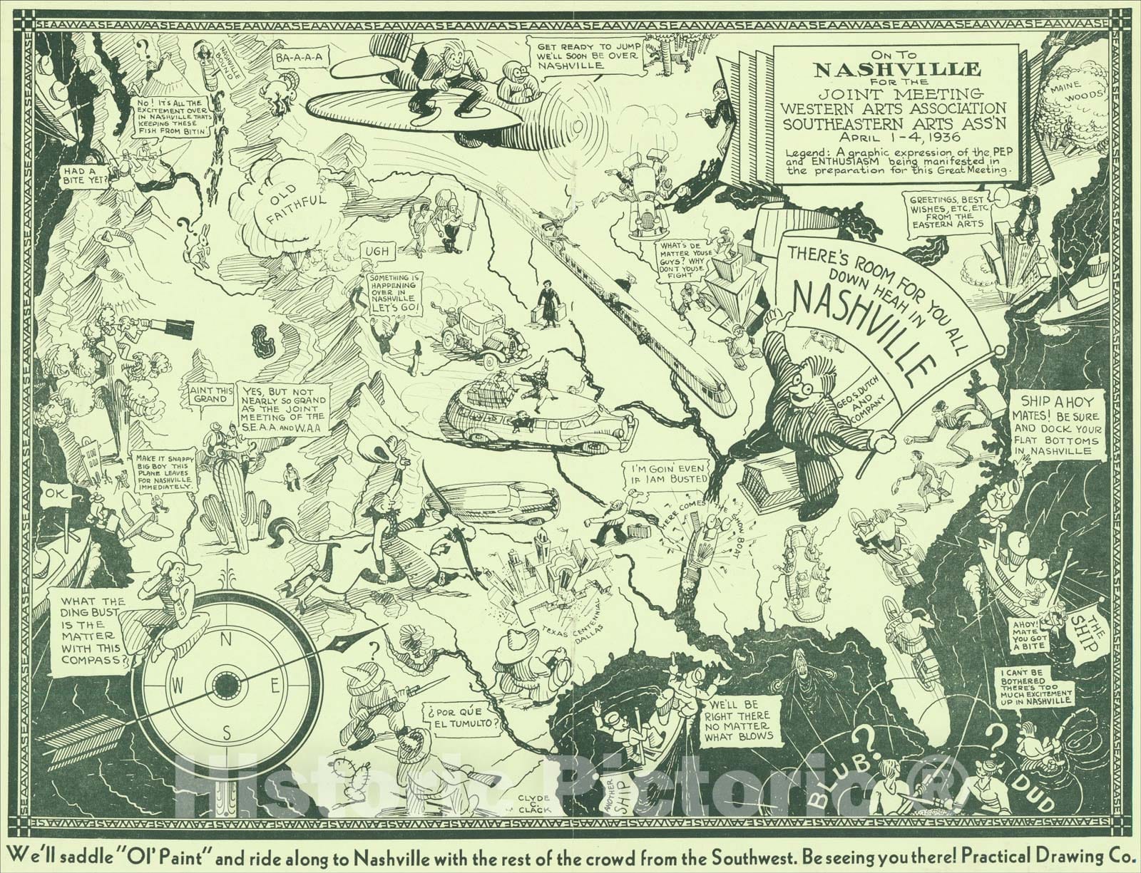 Historic Map : On To Nashville for the Joint Meeting of the Western Arts Association Southeastern Arts Assn. April 1-4, 1936., 1936, Clyde C. Clack, Vintage Wall Art