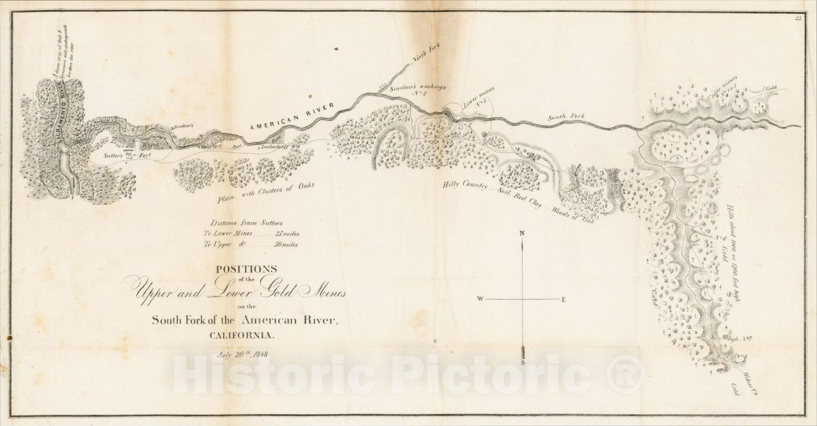 Historic Map : Positions of the Upper and Lower Gold Mines on the South Fork of the American River, 1848, 1848, Edward O.C. Ord, Vintage Wall Art
