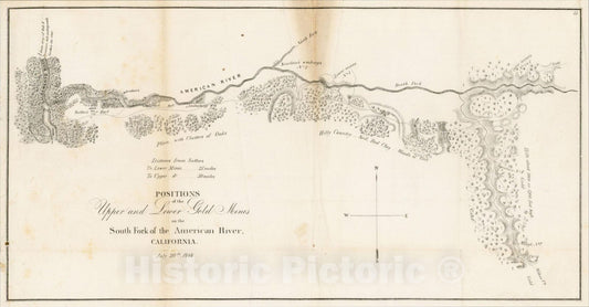 Historic Map : Positions of the Upper and Lower Gold Mines on the South Fork of the American River, 1848, 1848, Edward O.C. Ord, Vintage Wall Art